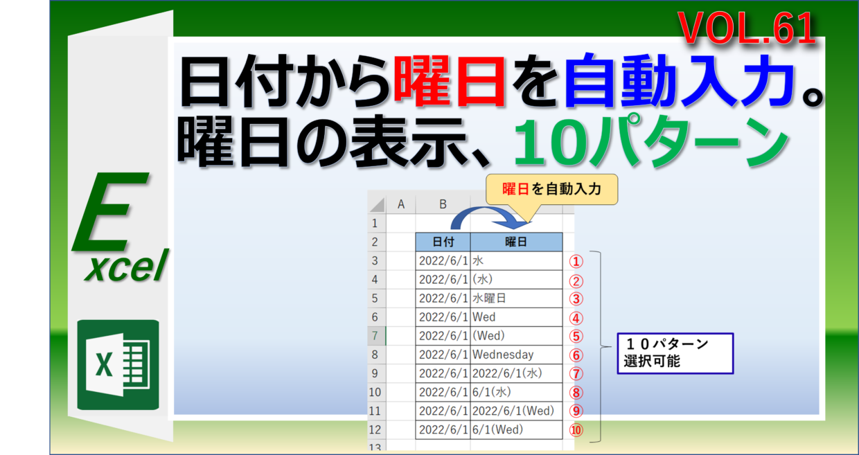 エクセルで日付から曜日を自動入力する３つの方法