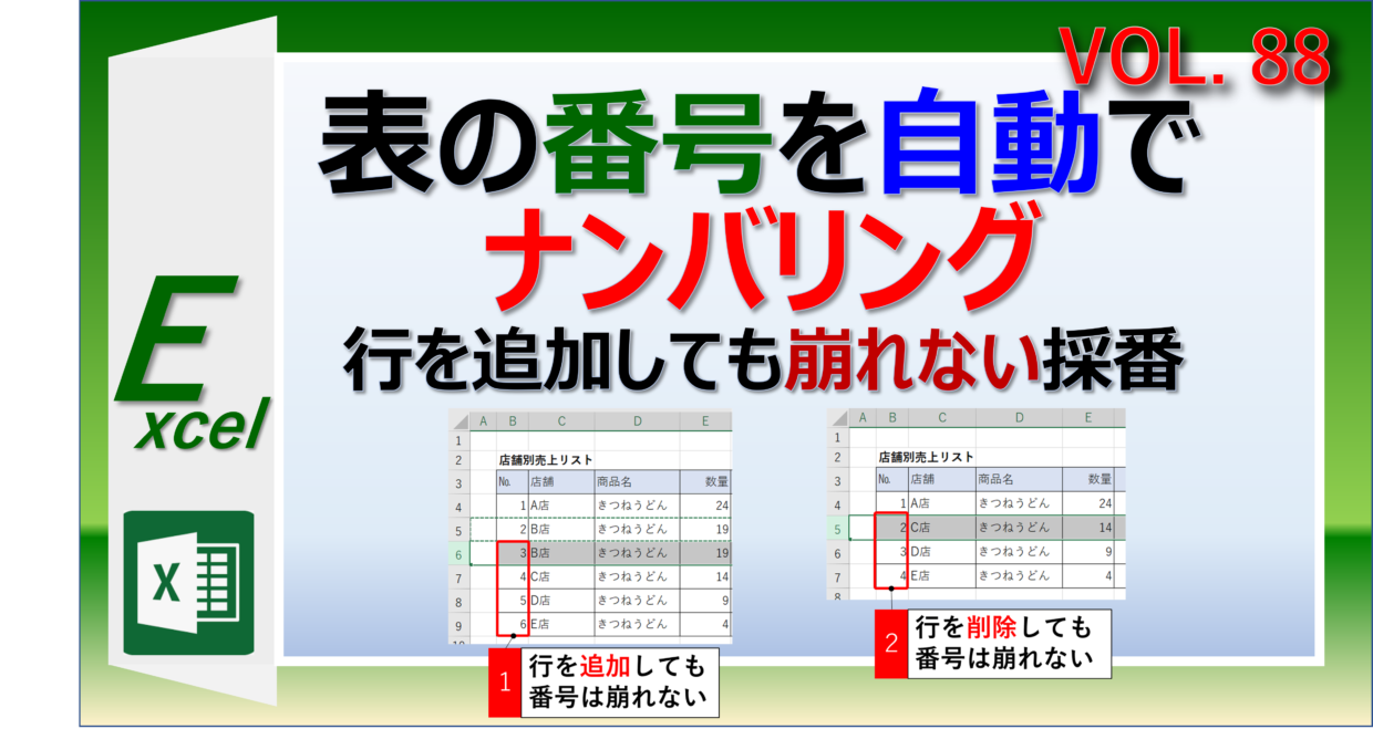 エクセルで表の番号を自動でナンバリングするROW関数、COUNTA関数の使い方